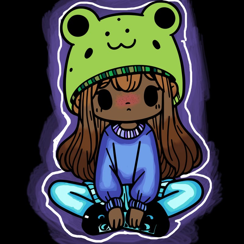 a girl wearing a frog hat and some frog socks
