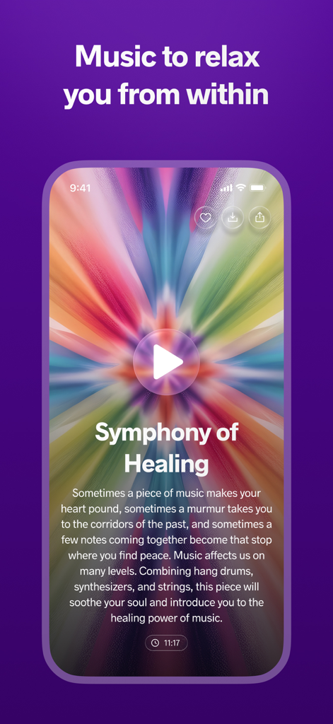 Meditopia: Sleep, Meditation - Schnittstelle der Meditopia-App zeigt einen entspannenden Musikplayer mit dem Titel 'Symphony of Healing' und der Überschrift 'Musik, die dich von innen heraus entspannt'.