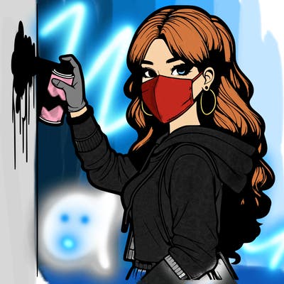 realistic girl with mask spray painting a wall