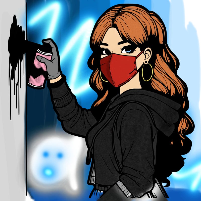 realistic girl with mask spray painting a wall