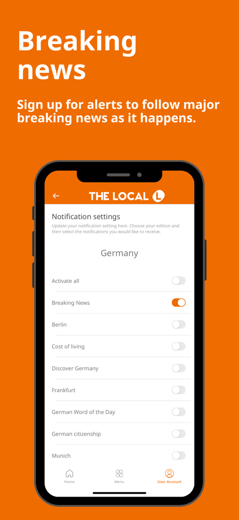 The Local - News in English - A smartphone showing the notification settings for Germany in The Local app with breaking news alerts enabled.