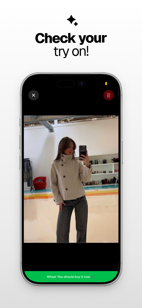 Style4u - A woman viewing her virtual try on result of a beige jacket in the Style4u app interface