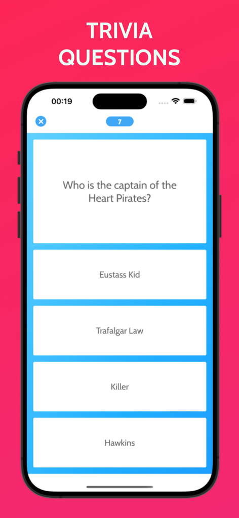 Ein mobiler Bildschirm, der eine Anime-Trivia-Frage mit Mehrfachauswahl zeigt und fragt, wer der Kapitän der Heart Pirates ist.