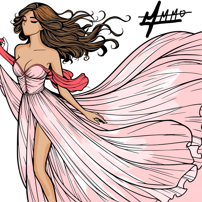 realistic woman in dress flowing the the wind