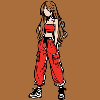 girl in baggy pants crop top and long hair