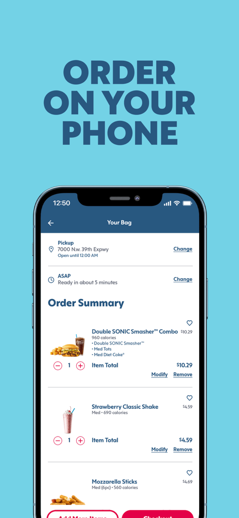 SONIC Drive-In - Order Online - SONIC Drive-In app order summary screen showing a food cart with burger combo, shake, and mozzarella sticks.