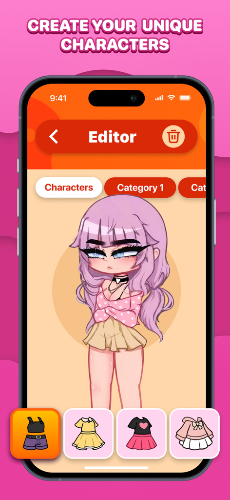Gacha - Life & Club Mods - Interfaz del editor de personajes de Gacha Life y Club Mods mostrando un personaje de anime personalizable y opciones de selección de atuendos