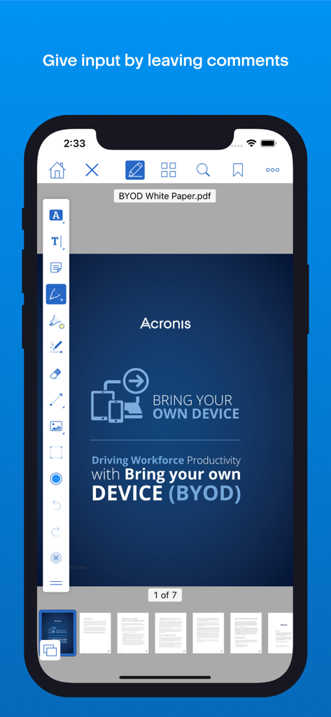 Acronis Cyber Files - Acronis Cyber Files app showing PDF annotation and document editing on an iPhone