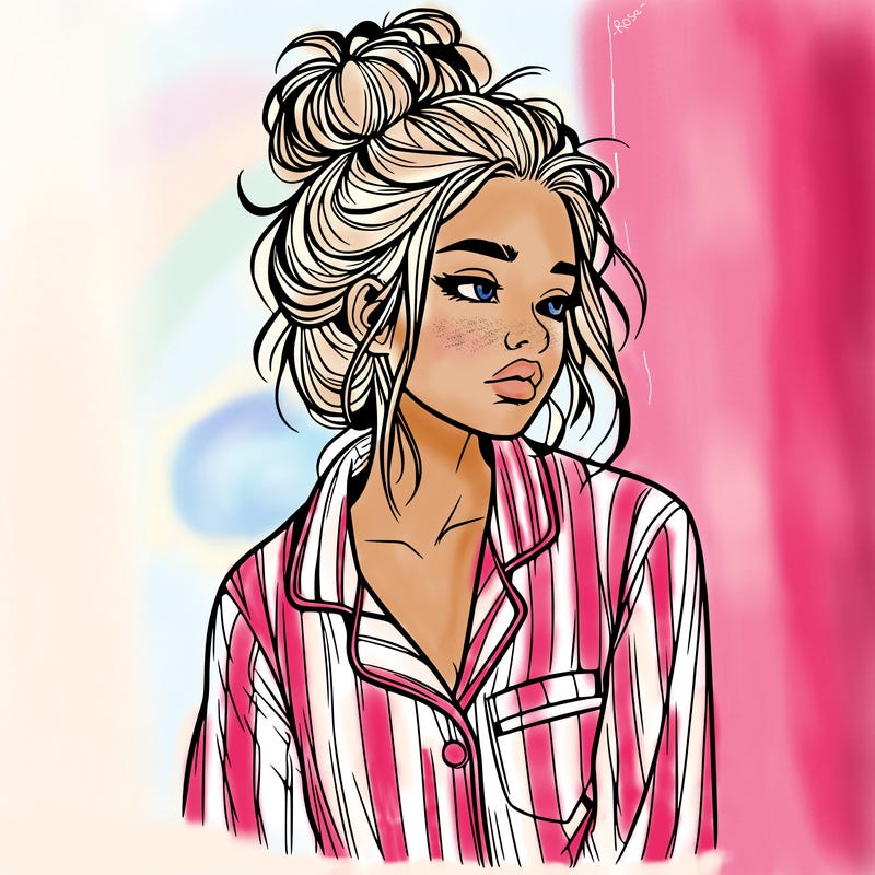 realistic woman with pajamas on and a messy bun