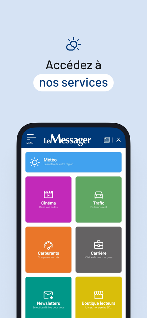 Le Messager - Actu et info - Une interface mobile de l'application Le Messager montrant une grille d'icônes de services colorées, incluant la météo, le cinéma et le trafic.
