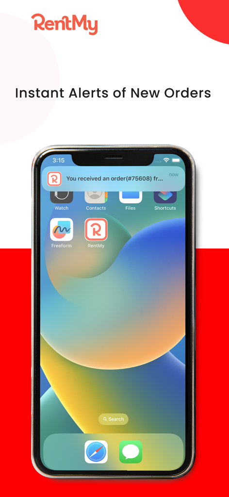 RentMy Rental Software - RentMy App Push-Benachrichtigung, die eine sofortige Benachrichtigung über eine neue Mietbestellung auf einem iPhone-Bildschirm anzeigt.
