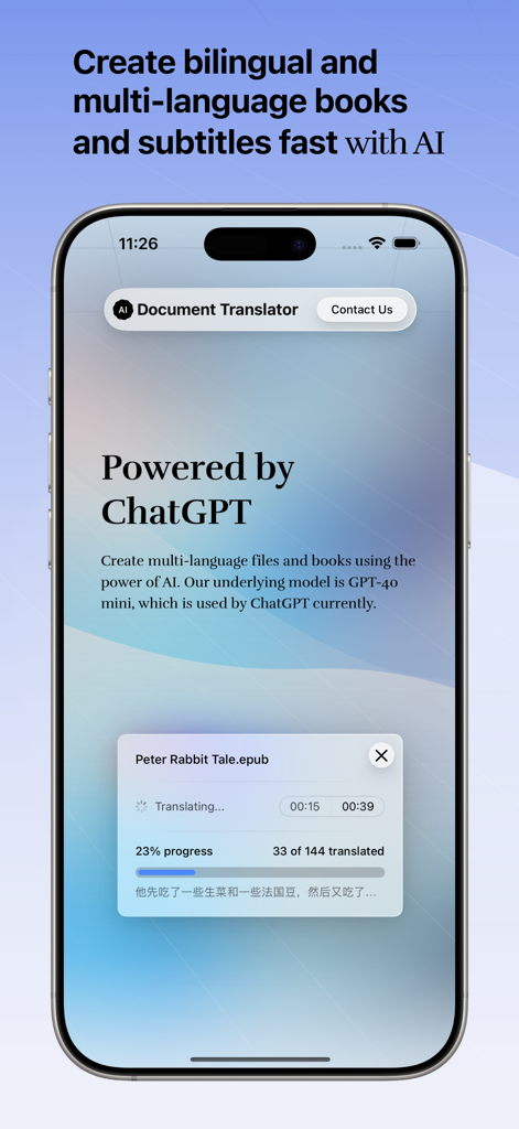 eBook Translator: AI Translate - Pantalla de iPhone mostrando la interfaz de la aplicación eBook Translator con una ventana de progreso de traducción para un archivo EPUB impulsada por IA de ChatGPT