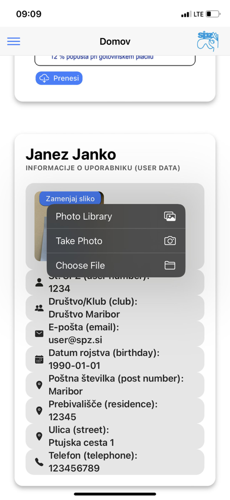 SPZ App - User profile and data management screen in the SPZ scuba diving app showing personalized information and photo upload options.