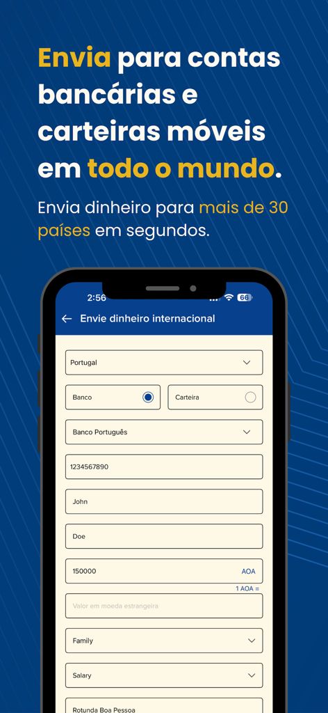 AkiPaga - AkiPaga mobile app screen showing a form to send money internationally to bank accounts and mobile wallets