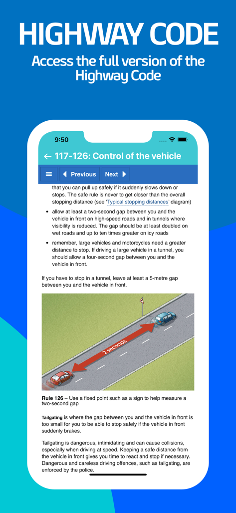 The Complete Theory Test 2026 - Mobile app screen showing the official UK Highway Code section about vehicle control and the two-second gap rule