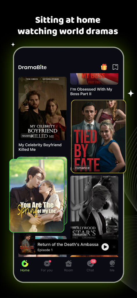 DramaBite-Short Dramas & TV - DramaBite app home screen interface showing various short-form drama series posters including romance and revenge genres.