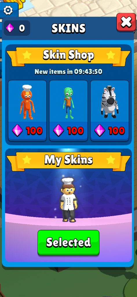 Cooking Craft - Cooking Craft game skins shop showing character customization options including a chef, zombie, and zebra.