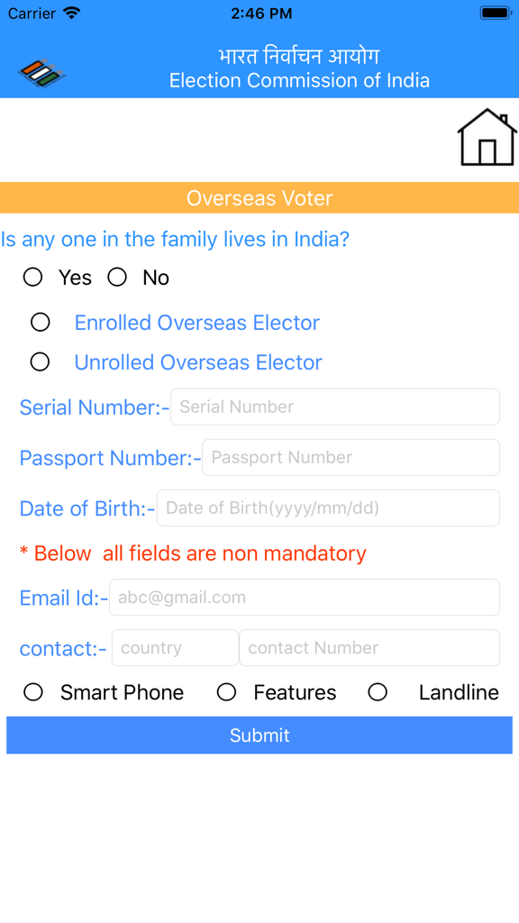 Tela do formulário de registro de eleitor no exterior no aplicativo móvel BLO Register