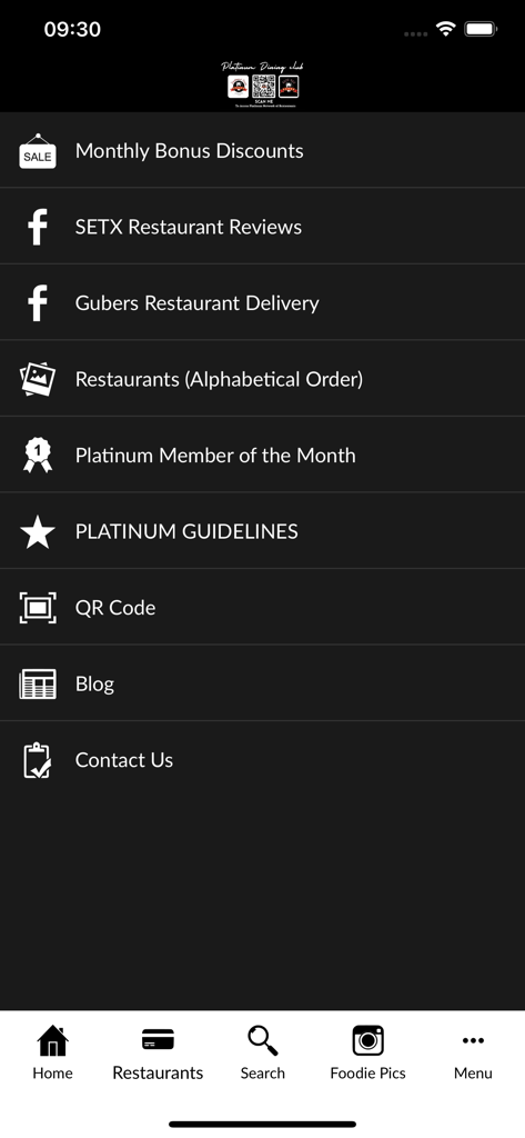 Navigation menu for Platinum Dining Club app showing member options like discounts and restaurant reviews.