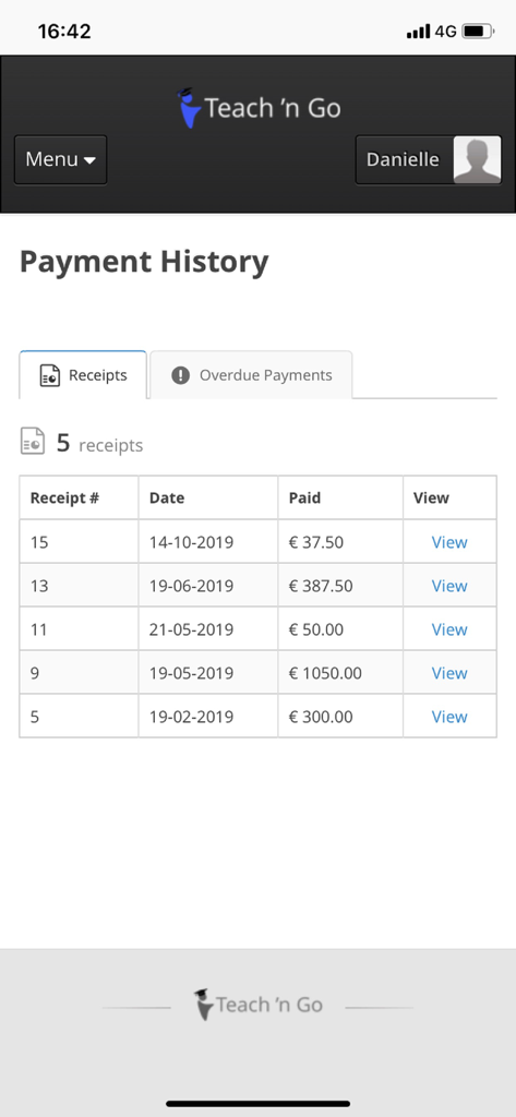 Teach 'n Go - Mobile app screen showing a payment history table with columns for receipt number, date, amount paid, and a view link.