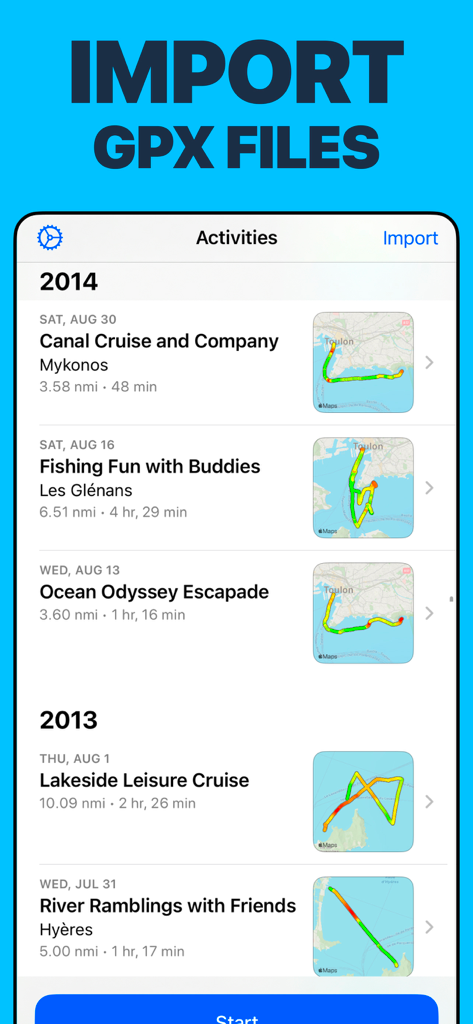 Boating Logbook: Skipper - Lista de actividades de navegación registradas y rutas GPS en la aplicación de diario Skipper que muestra la función de importación GPX.