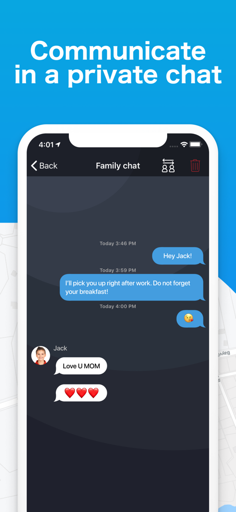 Interfaccia dell'app GeoLoc che mostra una chat familiare privata tra una madre e suo figlio