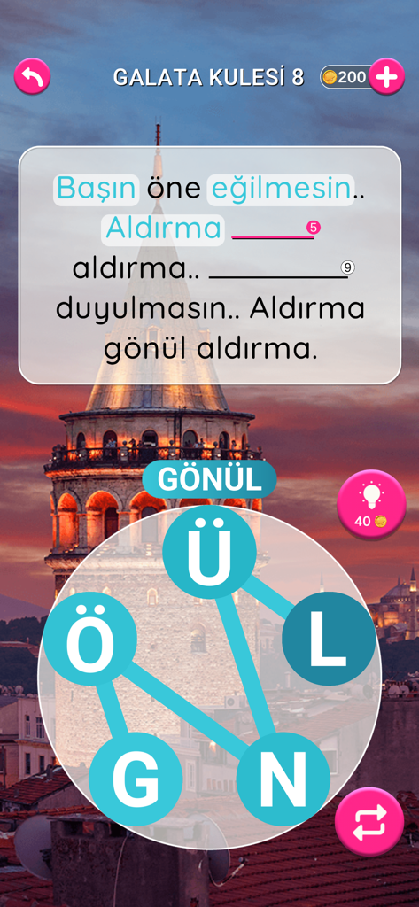 갈라타 타워 배경과 터키어 어휘 챌린지가 있는 Kelime Gezmece 2 단어 퍼즐 게임 화면