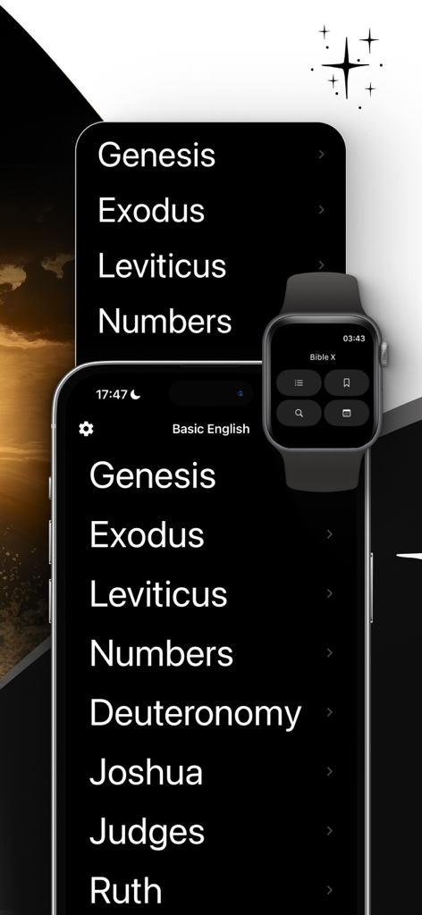 Bible: Chat, Widgets, Audio - Bible app interface showing large high contrast text on an iPhone and Apple Watch screen