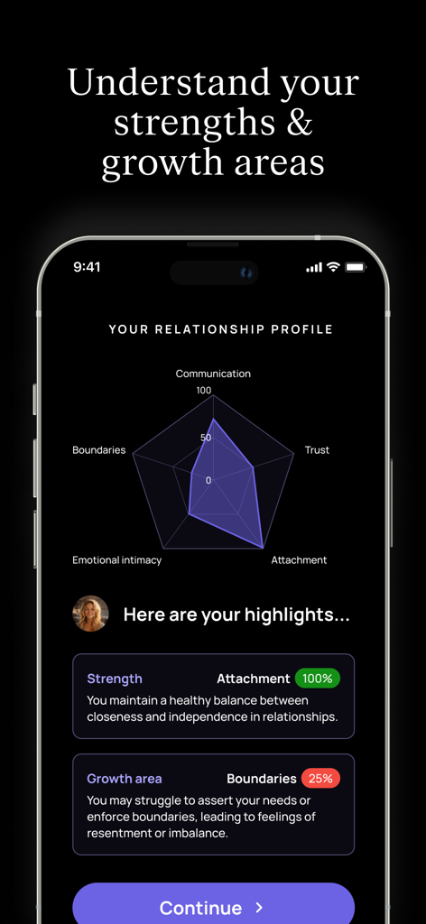Amori: personal dating coach - Amori app relationship profile screen showing a radar chart with personality insights and growth areas.