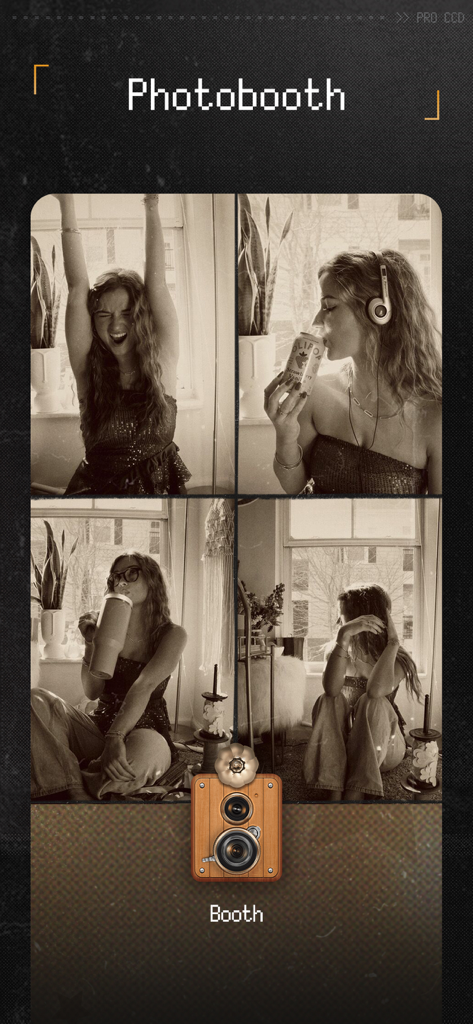 Fonction photobooth de l'application ProCCD montrant un collage photo vintage à quatre images avec un filtre pellicule sépia