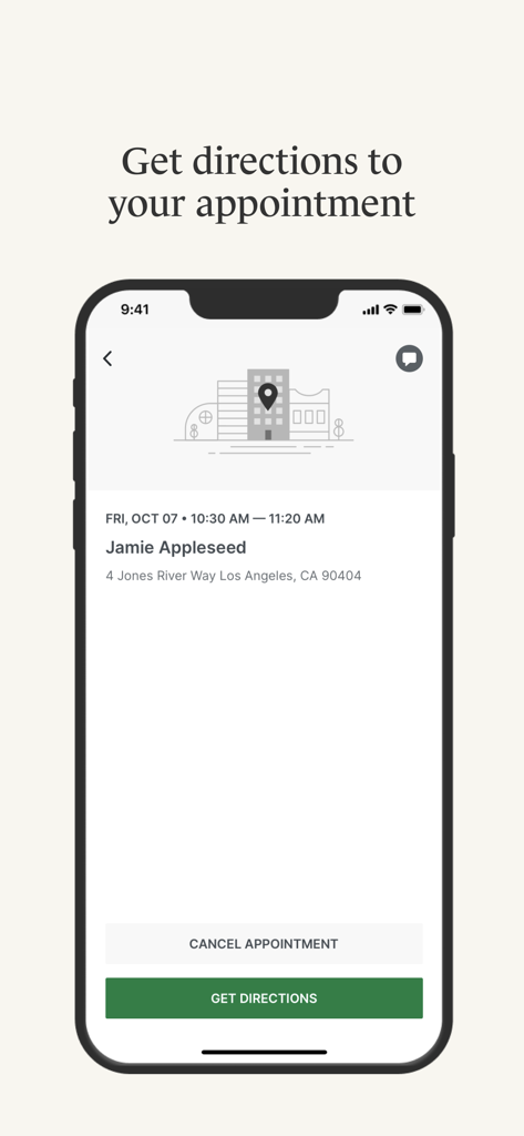 SimplePractice app showing appointment details and a button to get directions
