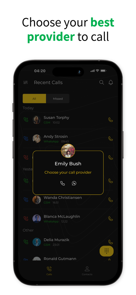 AnyCalls app interface showing a list of recent calls and a popup to choose between GSM and WhatsApp for an outgoing call