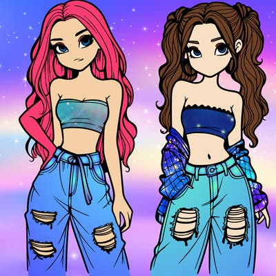 2 girls in crop tops and baggy jeans ripped