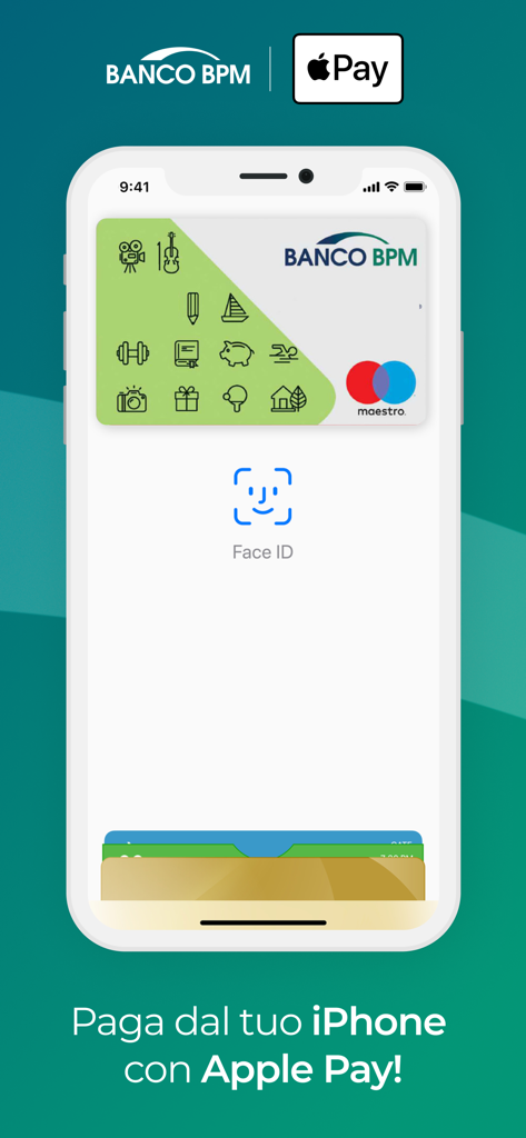 YouApp - Banco BPM - Interface Banco BPM YouApp affichant l'intégration d'Apple Pay et l'authentification biométrique Face ID sur un iPhone
