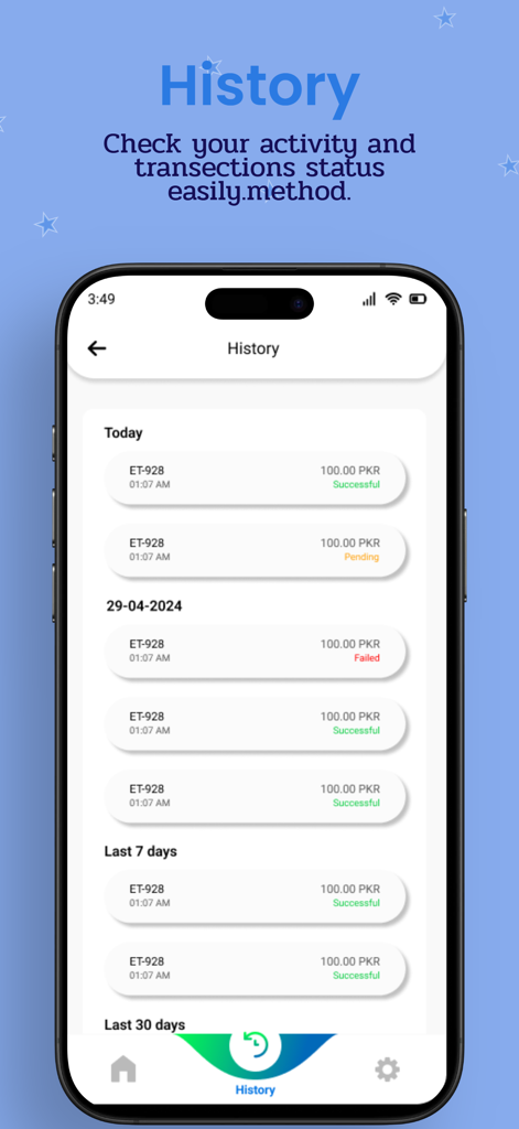Easy Topup: Mobile Recharge - Transaction history screen of the Easy Topup app showing a list of mobile top-up records with successful, pending, and failed statuses in PKR.