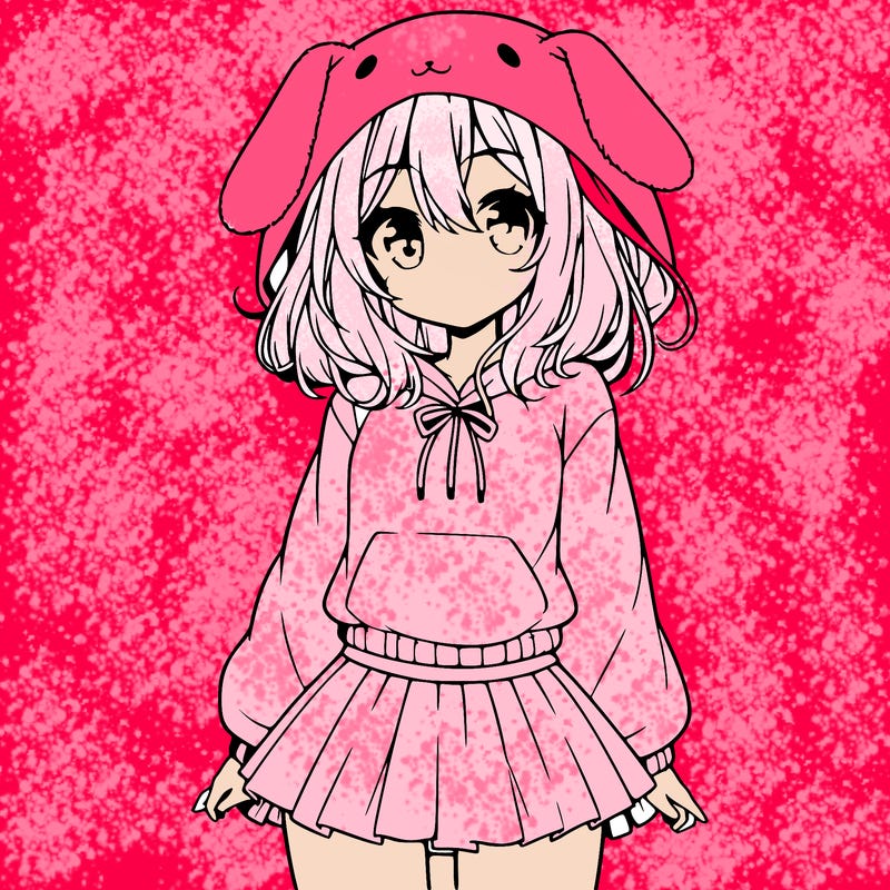 pretty anime girl wearing a fluffy hoodie with bunny ears on the hood and a skirt
