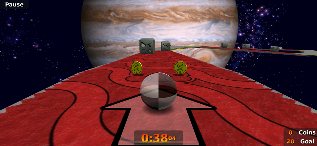 Neverball - Neverball 3D marble rolling gameplay on a red platform in space with Jupiter in the background