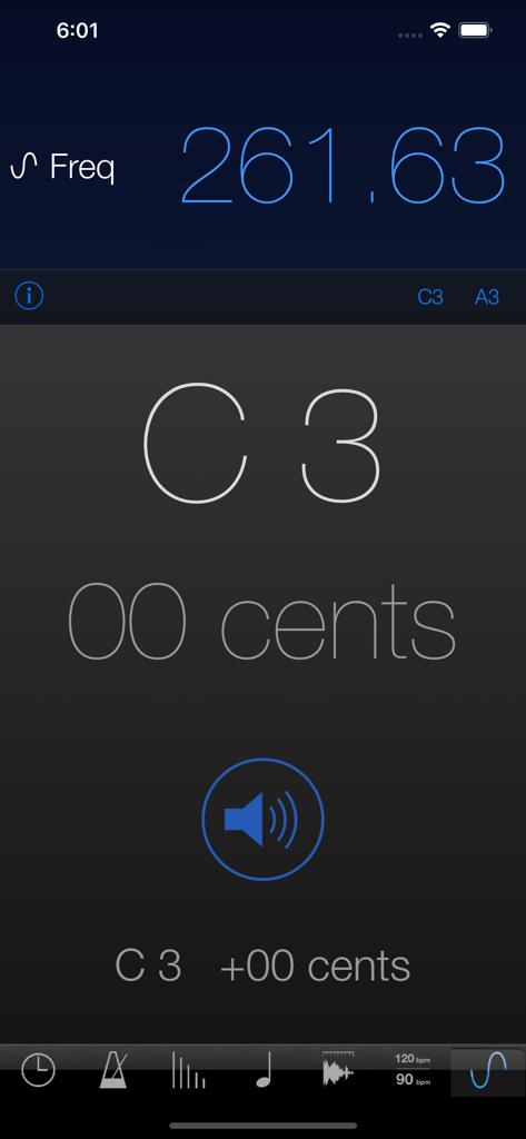 MusicMath - MusicMath app interface showing the frequency to note converter with 261.63 Hertz identified as C3