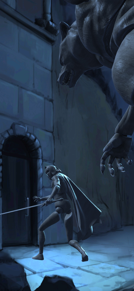 Poseit - A 3D mannequin with a sword posing against a large creature in a dark alley