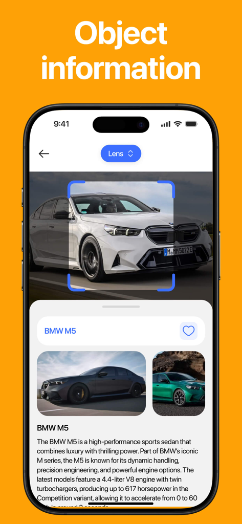 Lens アプリが BMW M5 車を特定し、詳細なオブジェクト情報を提供する画面のスクリーンショット