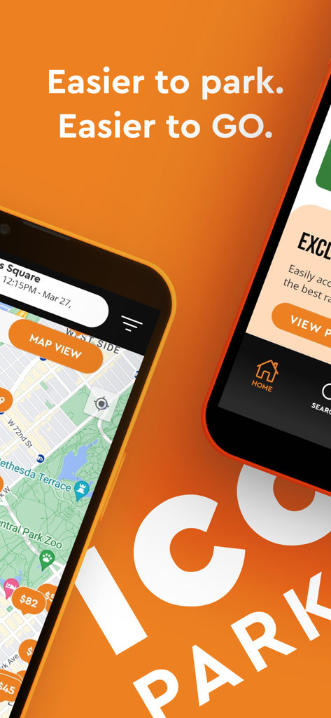 Interface do aplicativo Icon GO mostrando um mapa de estacionamento de Manhattan e o slogan 'É mais fácil estacionar'.