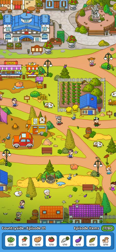 Found It! Hidden Object Game - Captura de pantalla del juego de ¡Lo Encontré! que muestra un mapa de campo de dibujos animados colorido para una búsqueda del tesoro.