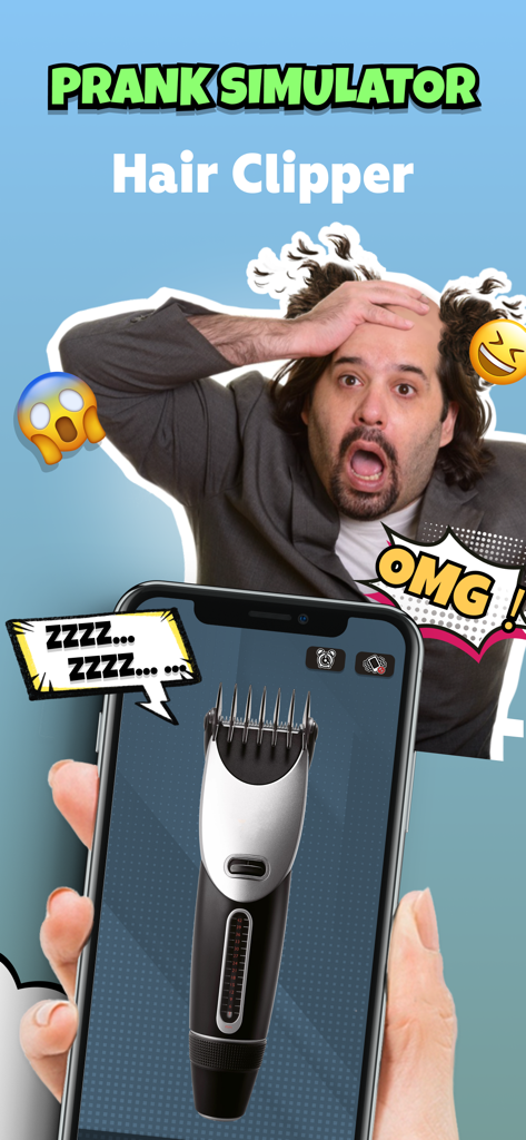 Prank - Funny Sounds,Simulator - Pantalla de teléfono móvil mostrando un simulador realista de sonido de cortapelos para bromas con un hombre asombrado reaccionando al fondo.