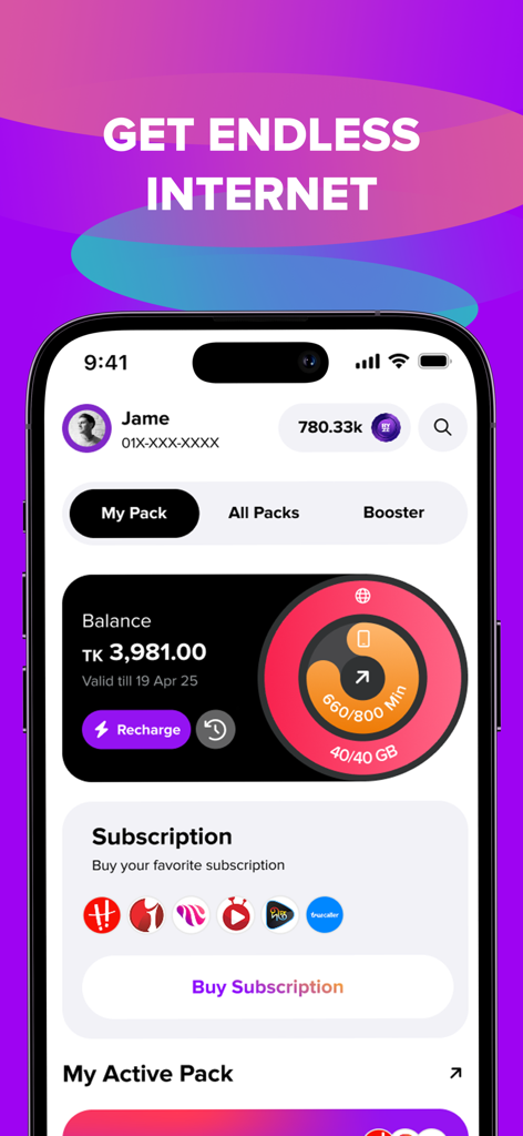 RYZE Bangladesh - モバイル残高データ使用量トラッカーとサブスクリプションパッケージを表示するRYZE Bangladeshアプリインターフェース