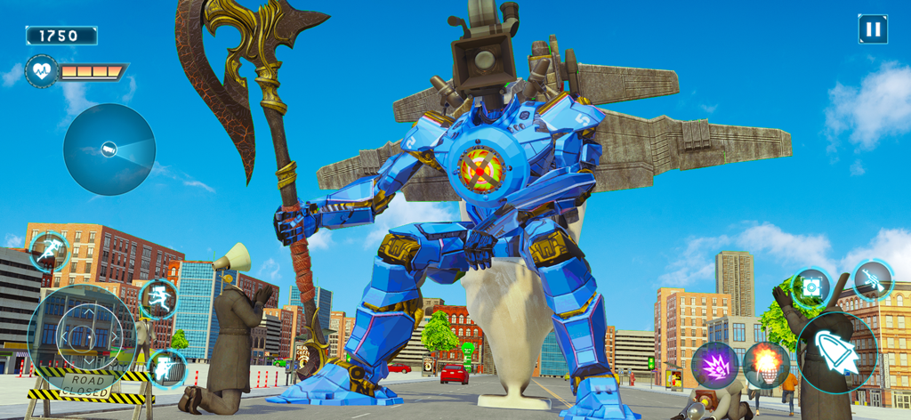 Toilet Rope Monster Game 3D - Giant blue camera head robot wielding a golden axe in a city