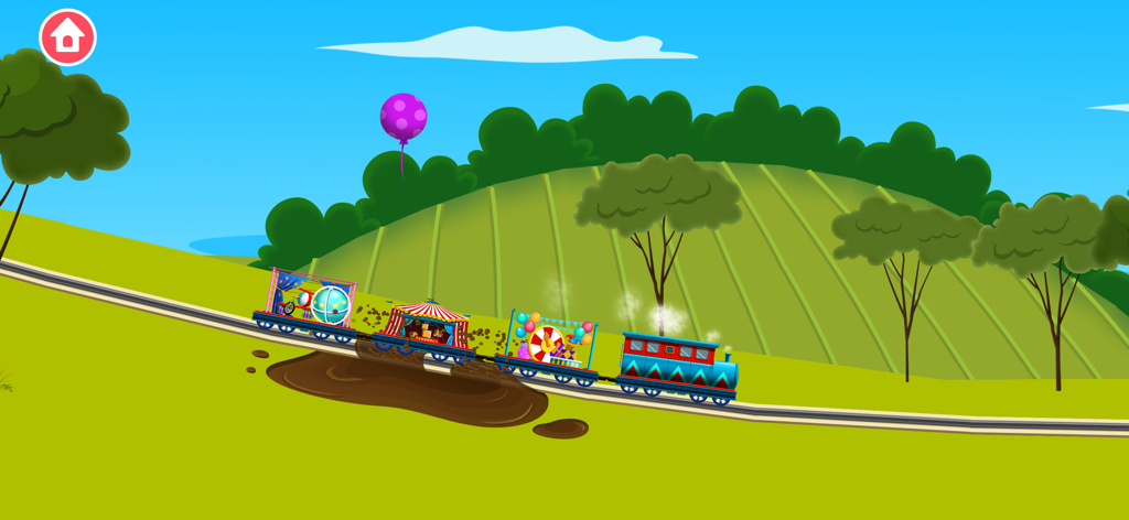 Train Builder Games for kids - 緑豊かな風景の中を走る、サーカスをテーマにした車両を引くカラフルな青い電車。
