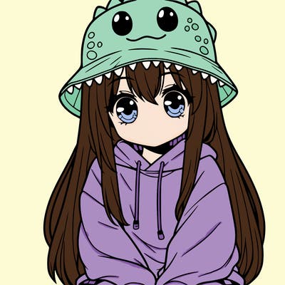 girl with anime shaped eyes with a dinosaur bucket hat oversized sweatshirt long straight hair