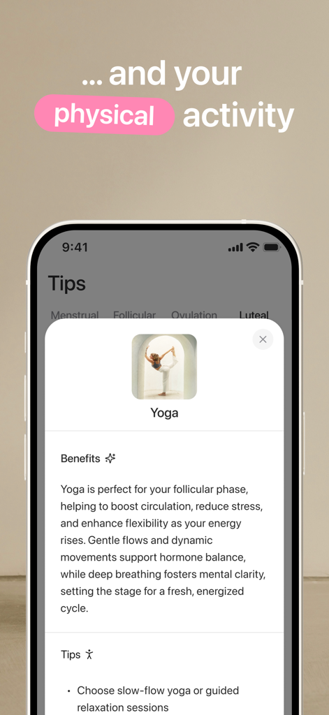 Harmony: Cycle Syncing, Period - Interfaccia dell'app Harmony che mostra i benefici dello yoga e consigli per la fase follicolare del ciclo mestruale.