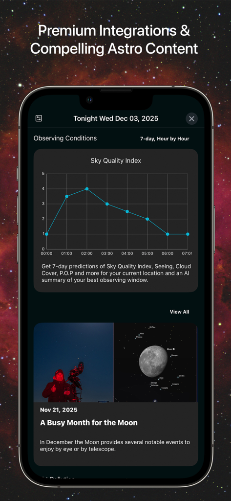 SkySafari 8 Pro - SkySafari 8 Pro app displaying sky quality index graph and astronomical event previews