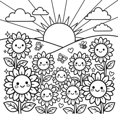 Bring golden hour to life with this charming coloring page featuring a field of smiling sunflowers under a beautiful sunset. Designed for kids, it offers delightful details like friendly butterflies and a busy bee, ready for a splash of color.